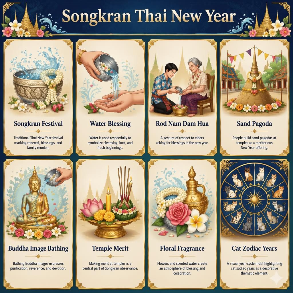 8-card Songkran Thai New Year infographic with water rituals, temple merit, floral motifs, and a cat zodiac years chart.