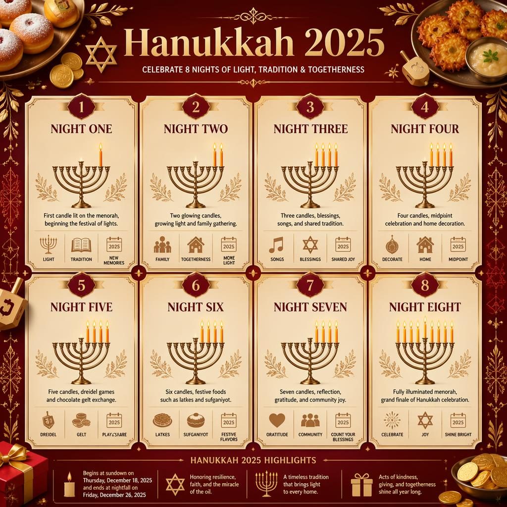 Hanukkah 2025 infographic with 8 illustrated cards showing menorah candles, dreidels, latkes, sufganiyot, and gelt