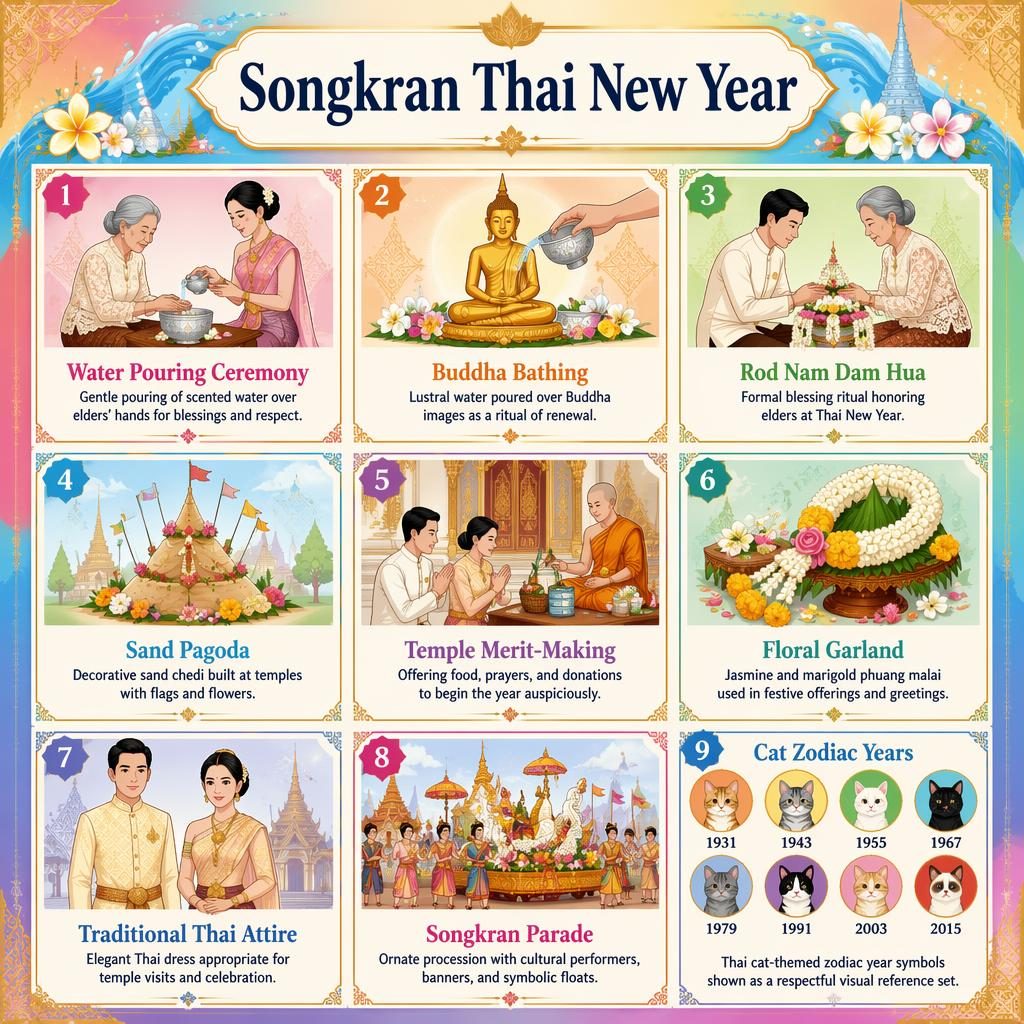Editorial-style Songkran infographic with 9 illustrated cards, Thai motifs, water rituals, temple icons, attire, parade, and cat zodiac years.