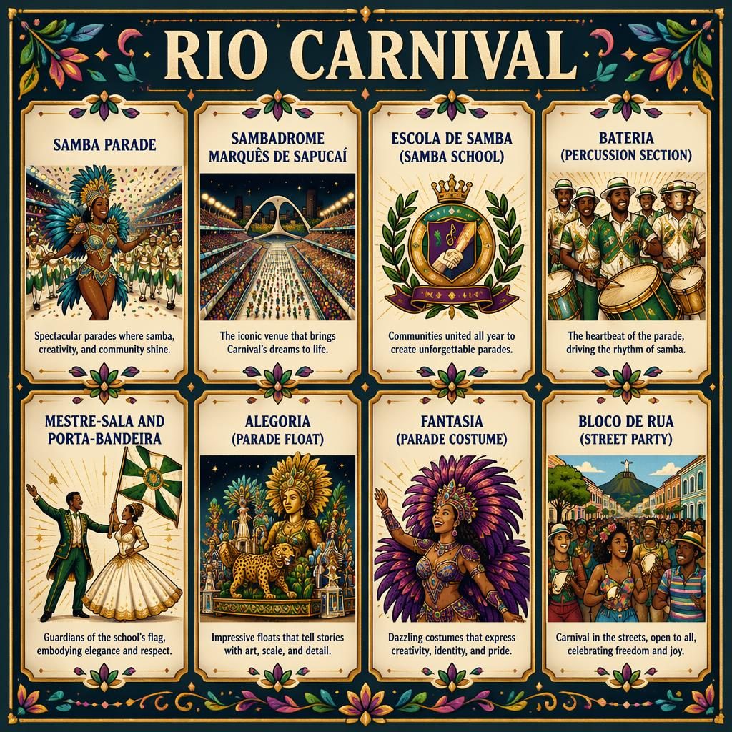 Illustrated 8-card Rio Carnival infographic grid with icons, English labels, jewel tones, ornate borders, and folk art details.