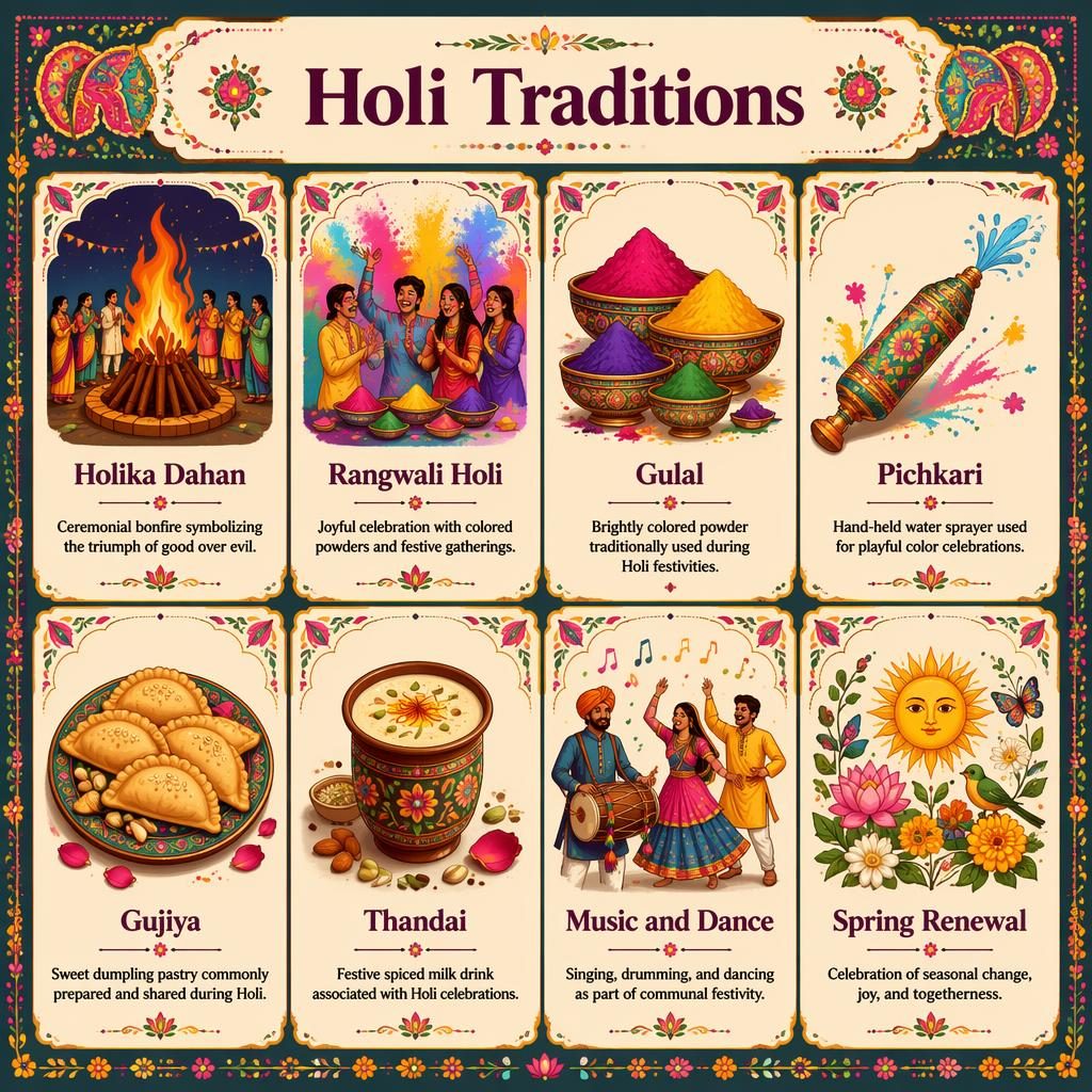 Infografika s mřížkou 8 karet Holi Traditions, ikony ohně, gulalu, pichkari, gujiya, thandai, hudby a jara.