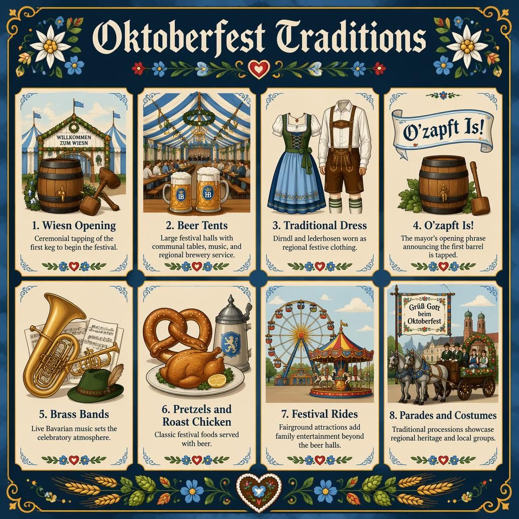 Editorial folk art infographic with 8 Oktoberfest tradition cards, icons, English labels, jewel tones, and floral borders.