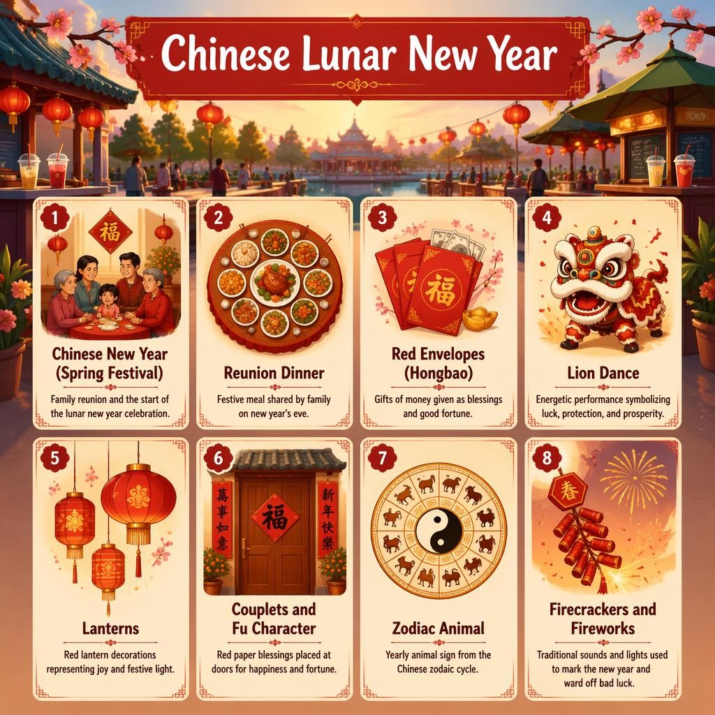 Card grid infographic of Chinese Lunar New Year with 8 illustrated cards, warm colors, English labels, and kiosk silhouettes