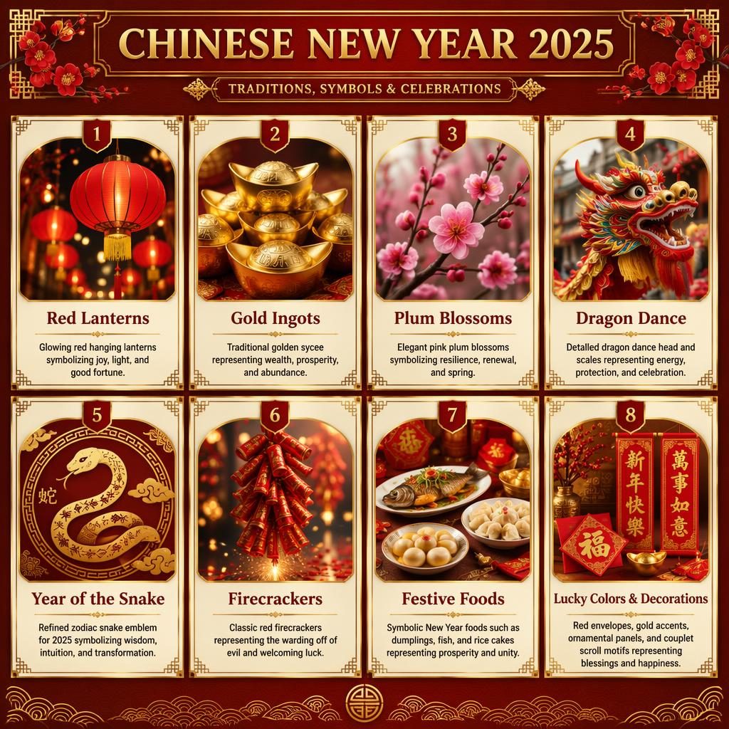 Eight-card Chinese New Year 2025 infographic grid with lanterns, ingots, plum blossoms, dragon, snake, foods, and decor