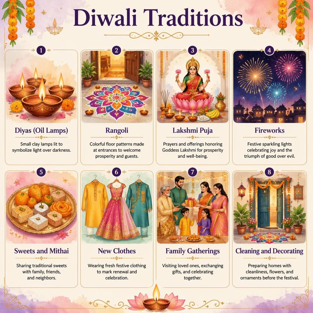 Infografika s 8 kartami Diwali v akvarelovém stylu, s ilustracemi lamp, rangoli, modlitby, ohňostroje a sladkostí.