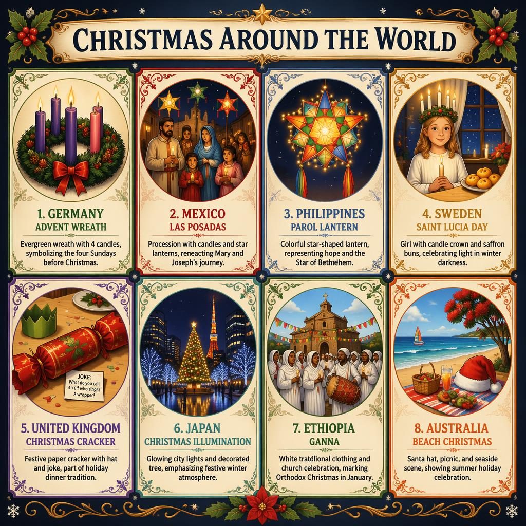Editorial infographic grid with 8 cards showing Christmas traditions from Germany, Mexico, Philippines, Sweden, UK, Japan, Ethiopia, and Australia.