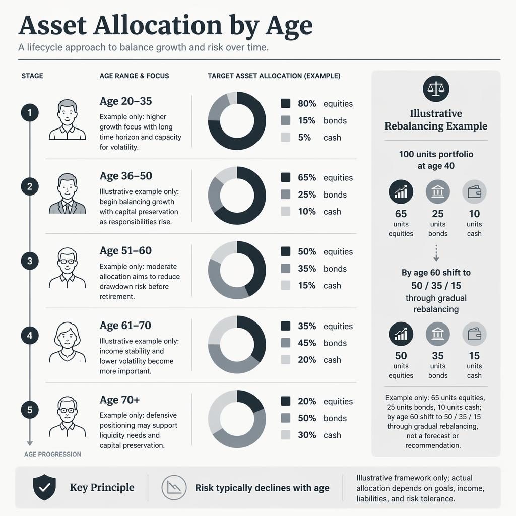 Infographie finance verticale en 5 étapes sur l’allocation d’actifs par âge, avec icônes, repères d’âge et panel de rééquilibrage.