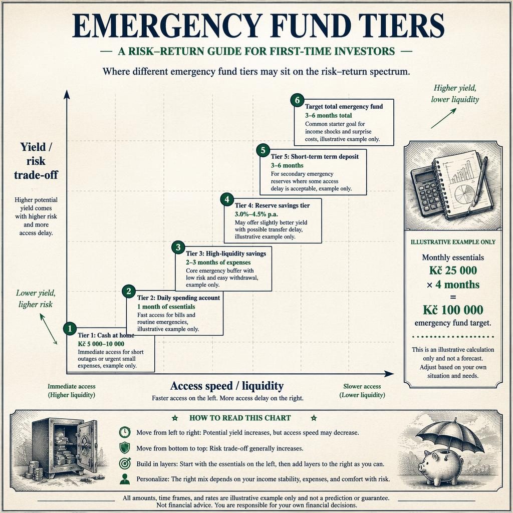 2D finance scatter infographic showing six emergency fund tiers, liquidity vs yield, with Czech koruna examples and notes.