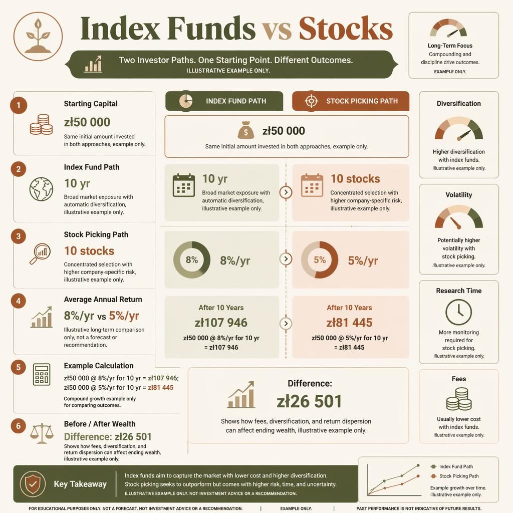Infografía financiera estilo dashboard que compara fondos índice vs acciones con 6 bloques, barras de crecimiento y métricas laterales.