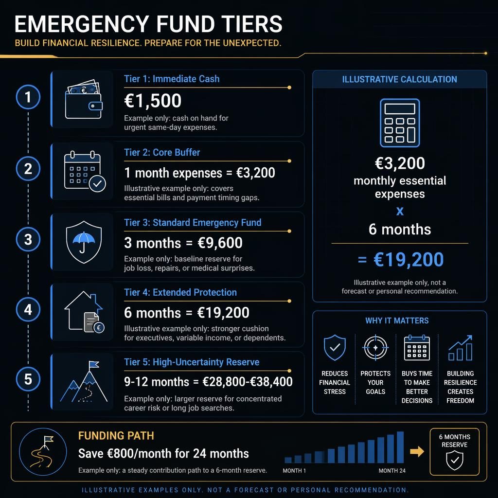 Dark finance infographic showing 5 emergency fund tiers, euro amounts, calculation callout, and monthly saving path.