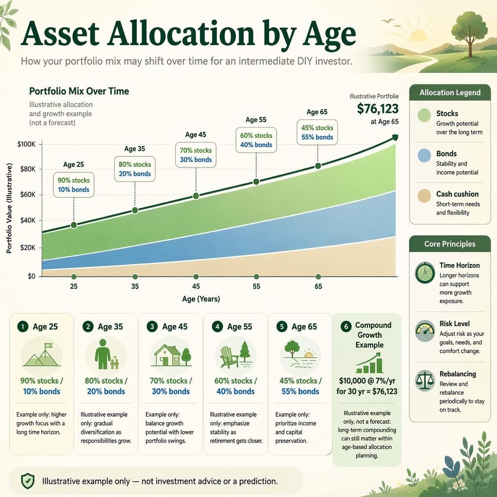 Infografía financiera con gráfico de crecimiento, asignación de activos por edad, bloques en inglés y paleta verde crema pastel.