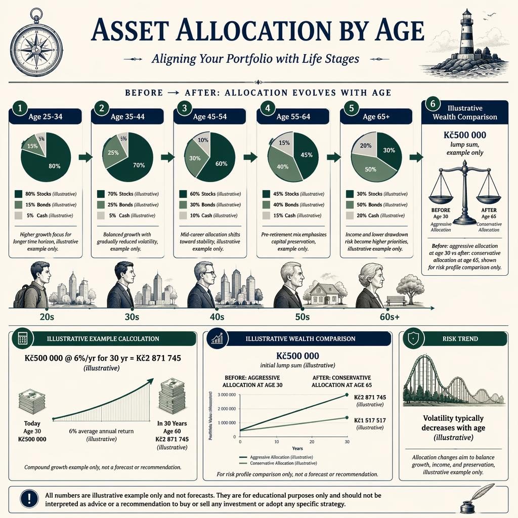 Infografía financiera estilo editorial vintage con bloques por edad, barras o mini gráficos, flechas y comparación ilustrativa.