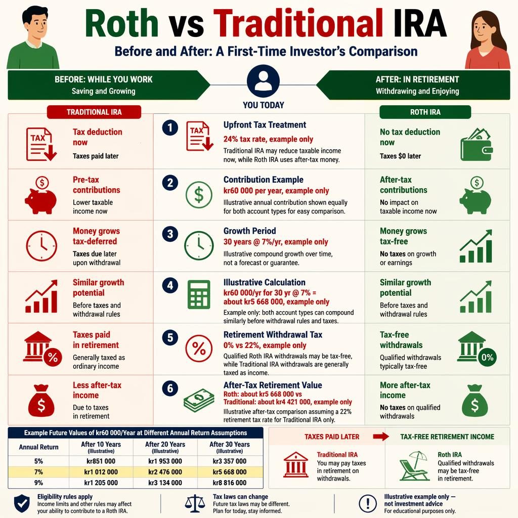 Editorial finance infographic comparing Roth vs Traditional IRA with 6 labeled blocks, mini table, red and green accents.