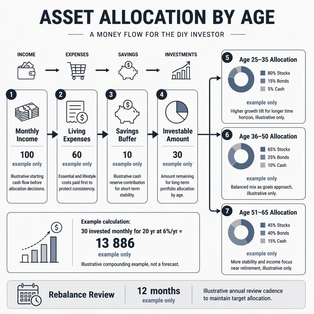 Minimal finance infographic showing income, expenses, savings, investable amount, and age-based allocation examples.