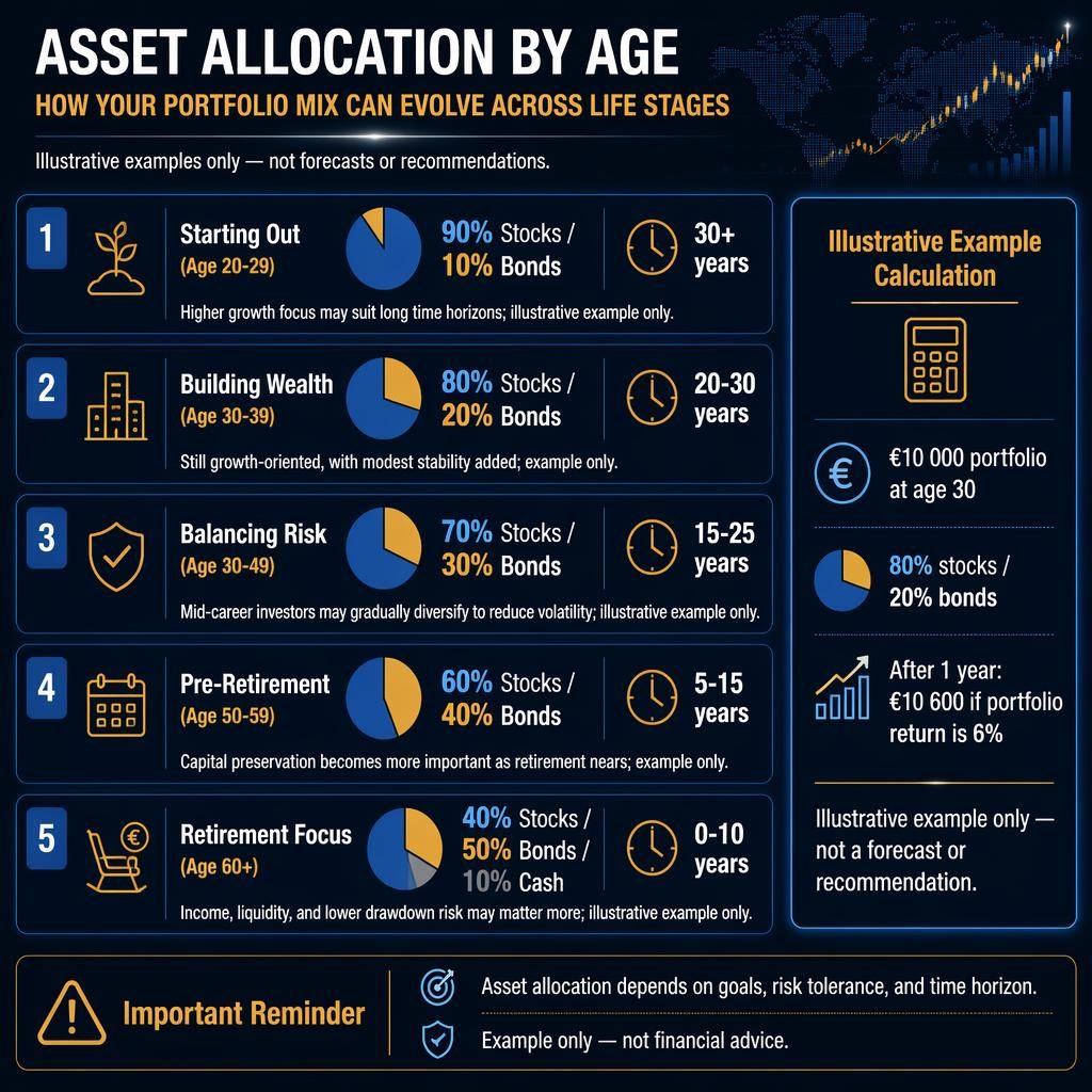 Dark finance infographic with 5 age-based asset allocation stages, example calculation block, and reminder footer.