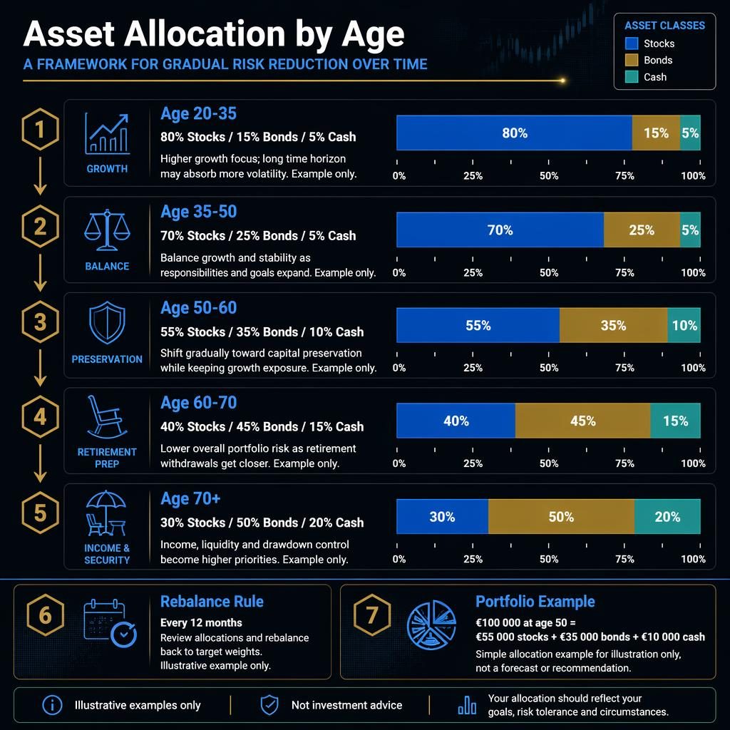 Infographie finance sombre type terminal Bloomberg montrant 5 étapes d’allocation d’actifs par âge avec panneaux latéraux.