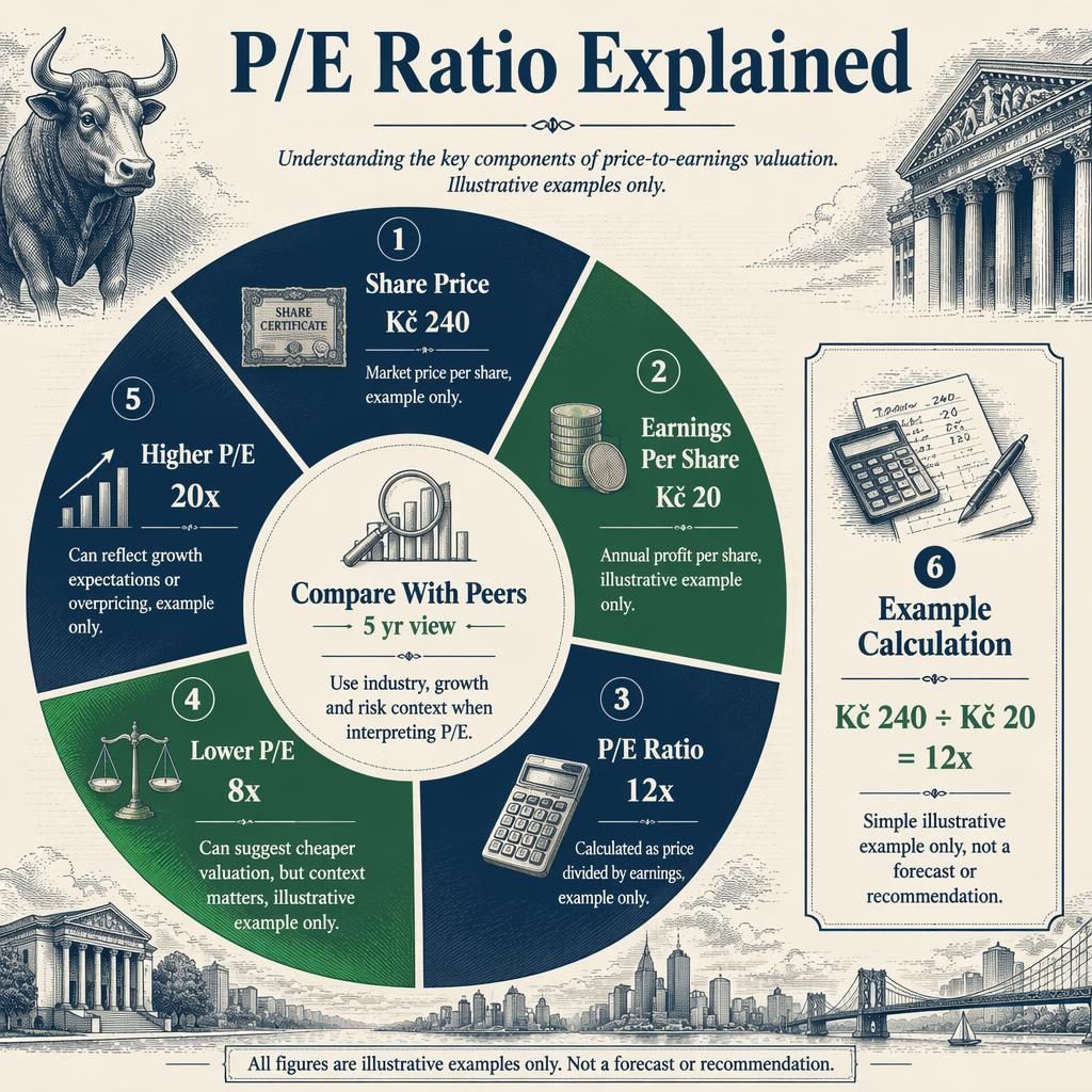 Vintage-style finance infographic with a central donut chart explaining P/E ratio, CZK example values, and side calculation box.