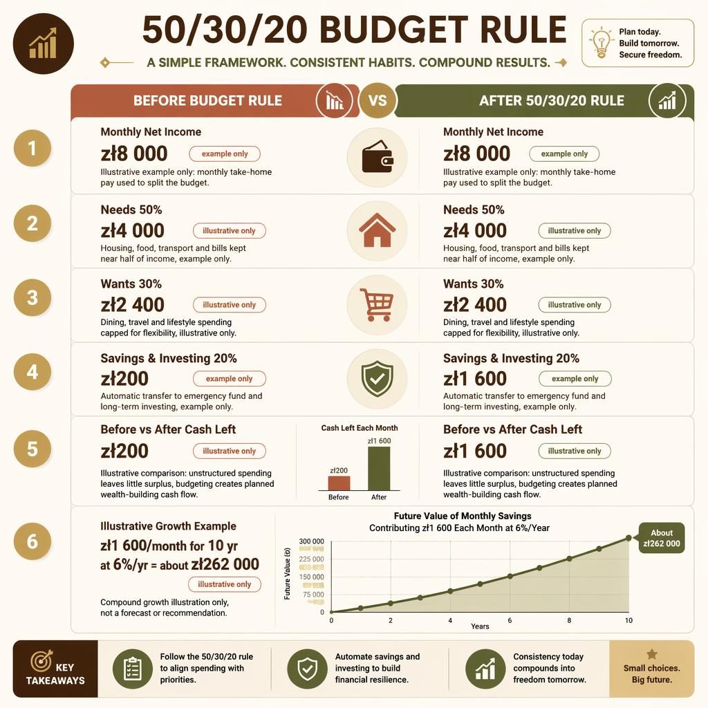Side-by-side finance dashboard showing before and after 50/30/20 budget rule with bars, icons, and interest calculator graph.