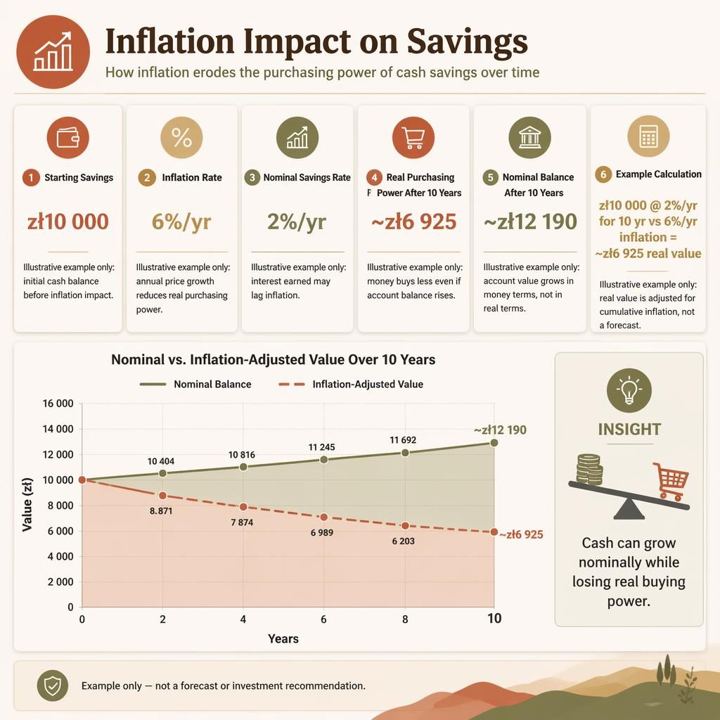 Modern dashboard investing infographic with line chart showing nominal balance rising and inflation-adjusted value falling over 10 years.