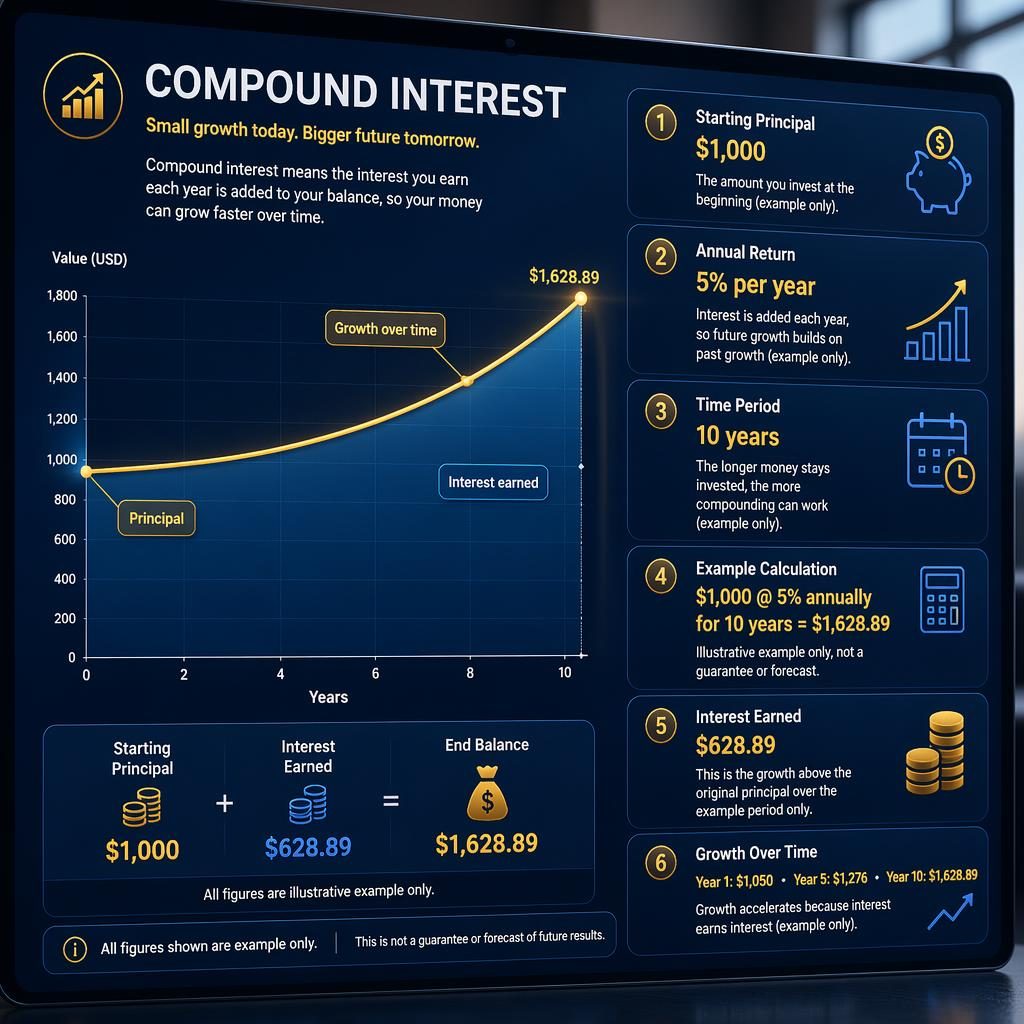 Fotorealistische finance-infographic op modern dashboard met stijgende groeilijn, blauwe UI-kaarten en gouden accenten.