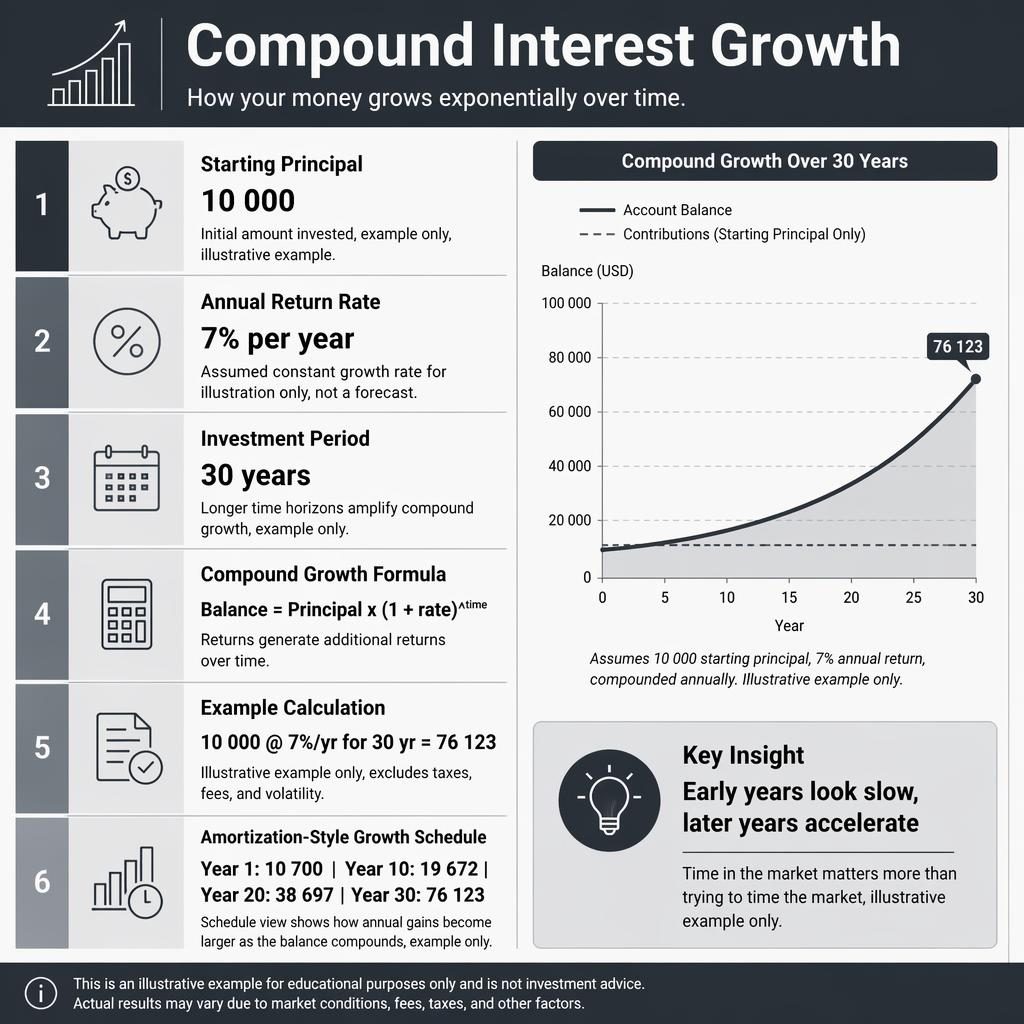 Infografía financiera en gris con tabla temporal de 6 bloques, fórmula, cronograma anual y gráfico de crecimiento compuesto.