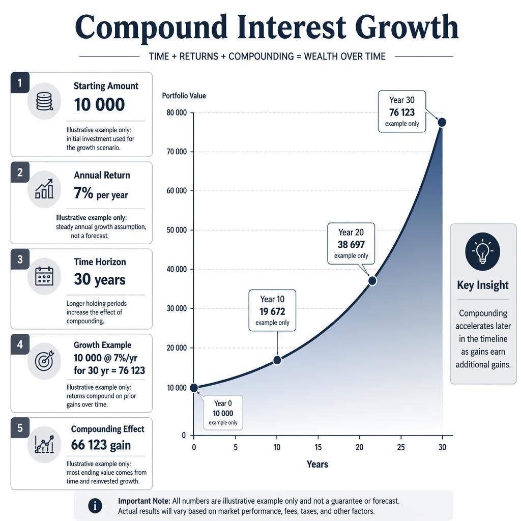 Monochrome finance infographic with a compound interest chart, five labeled blocks, milestone callouts, and key insight note.