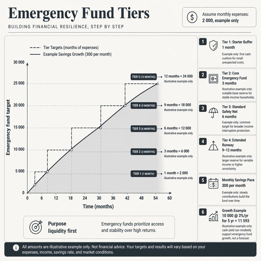 Monochrome finance infographic with emergency fund tiers, stepped target bands, savings growth line, and labeled examples.