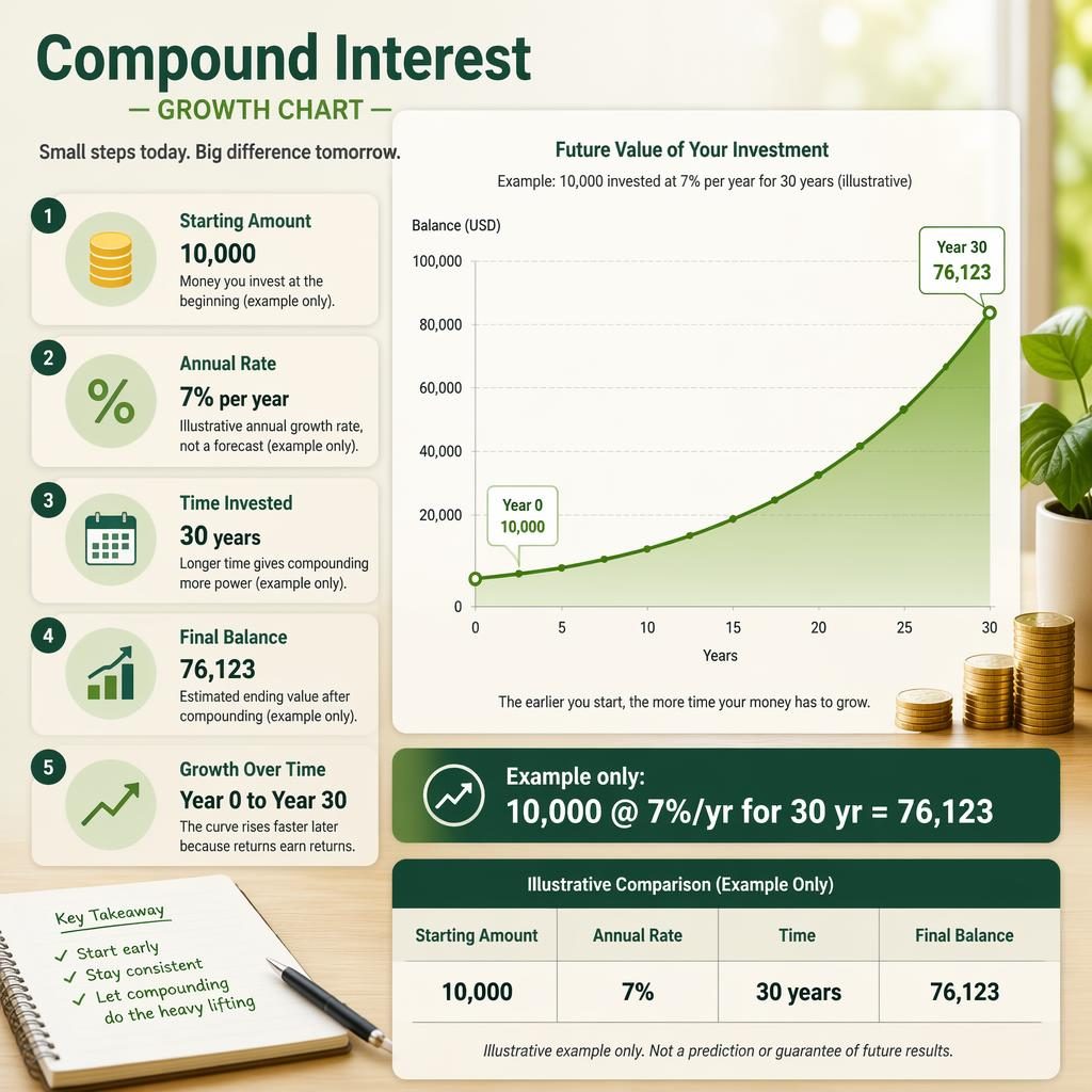 Fotorealistische finance-infographic met groene samengestelde groeicurve, vergelijkingstabel en 5 Engelse info-blokken.