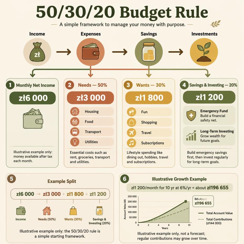 Finance infographic showing monthly net income split into 50/30/20 budget buckets with PLN amounts and a small interest calculator graph.