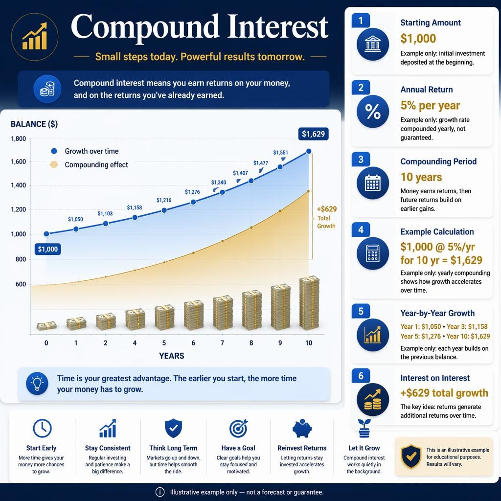 Financiële infographic over compound interest met stijgende grafiek, dashboard UI, blauwe en gouden accenten en 6 uitlegblokken.