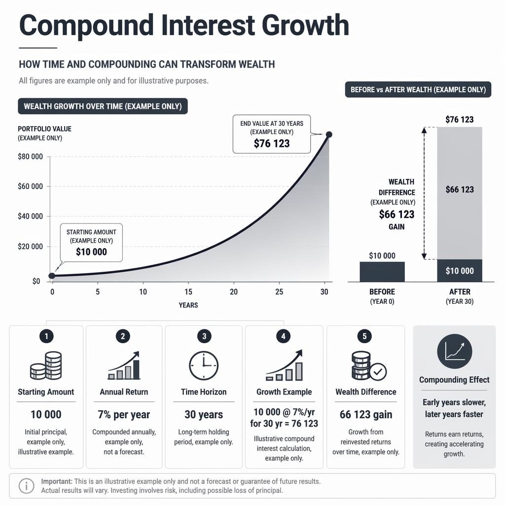 Infografía financiera minimalista con grafica interes compuesto, barras antes y después, 5 bloques de datos y nota lateral.