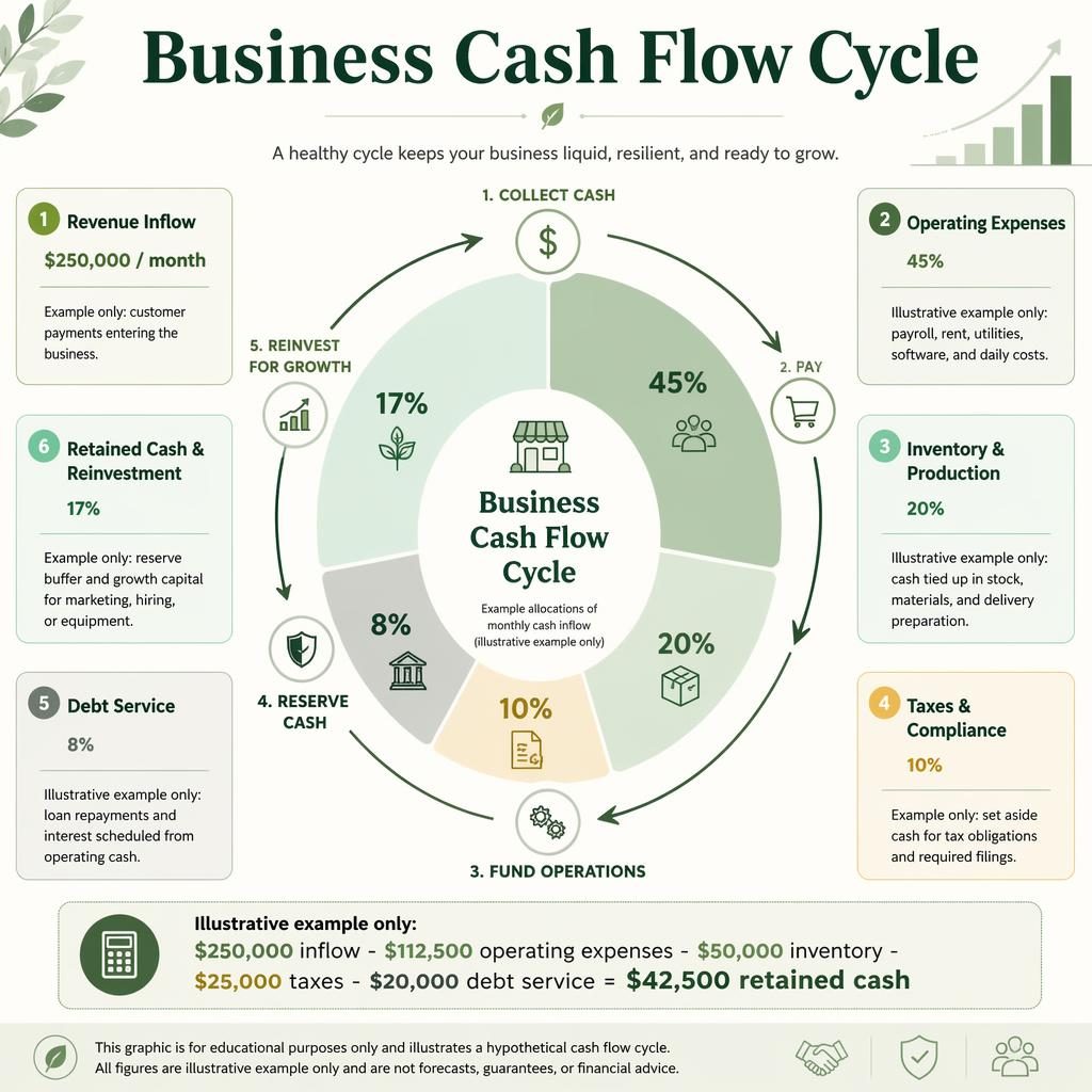 Pastel finance infographic with donut chart showing business cash flow cycle, 6 labeled segments, and example calculation.