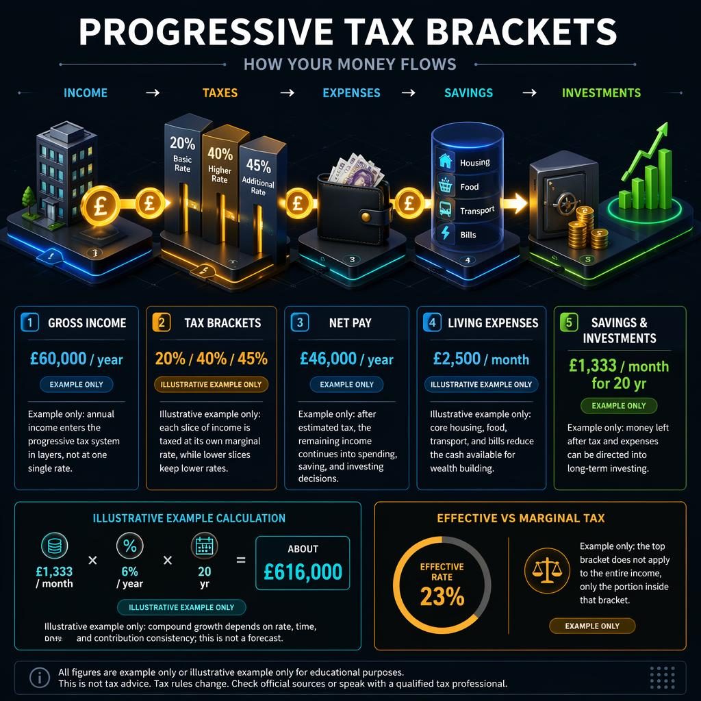 Isometric 3D finance infographic showing progressive tax brackets, net pay, expenses, savings and investing flow on dark UI.