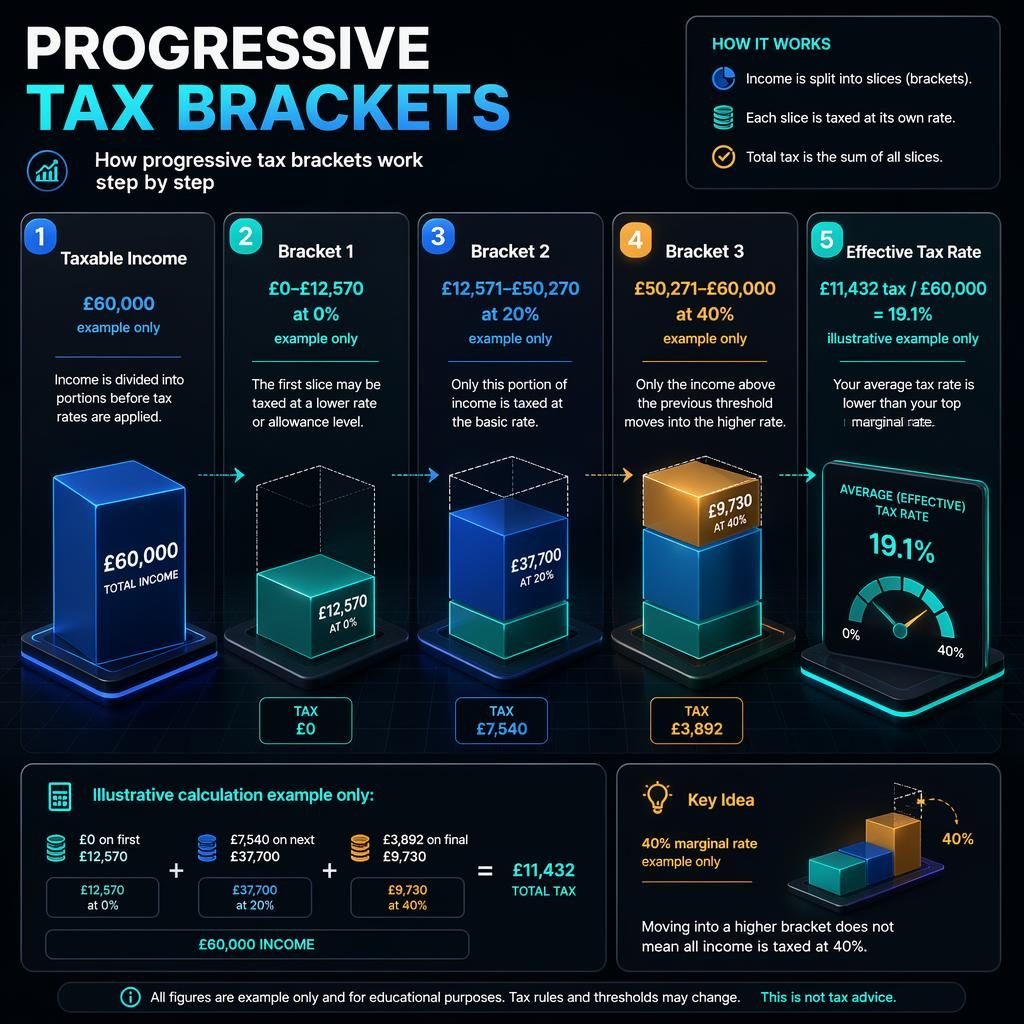 Isometric 3D finance infographic showing progressive tax brackets, five labeled tax blocks, calculation panel, and key idea note.