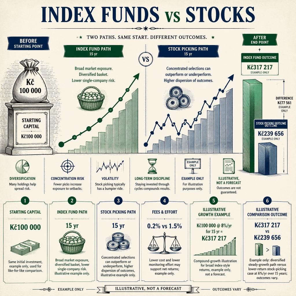 Vintage finance budget infographic comparing index funds vs stocks with parallel 15-year wealth paths and outcome bars.