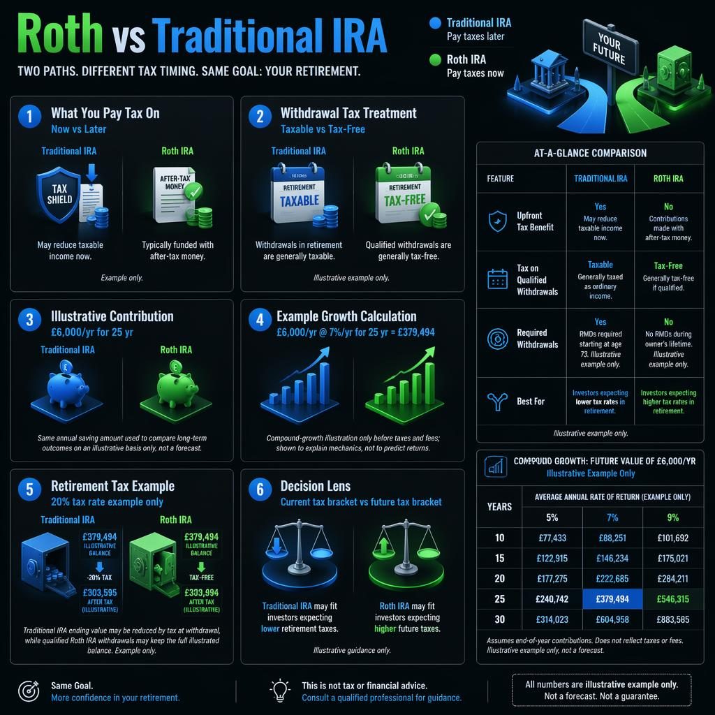 Finance infographic comparing Roth vs Traditional IRA in 6 blocks with mini comparison table and compound interest rates table panel.