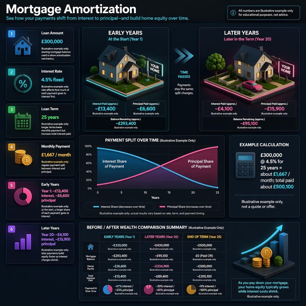 Isometric 3D finance infographic dashboard showing mortgage amortization, early vs later years, chart, labeled example-only blocks.