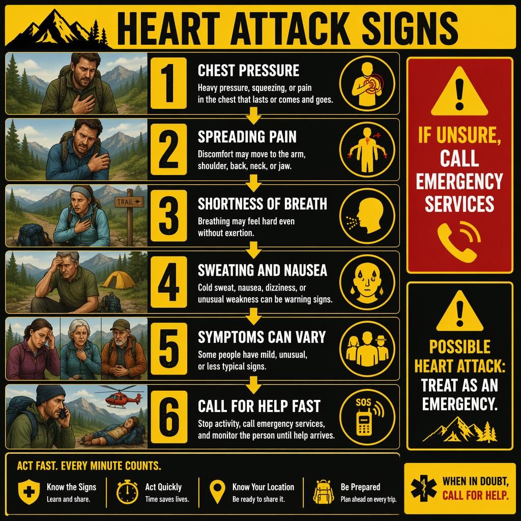 Vertical 6-step wilderness heart attack signs infographic with yellow-black cards, warning callouts, icons, and help steps.