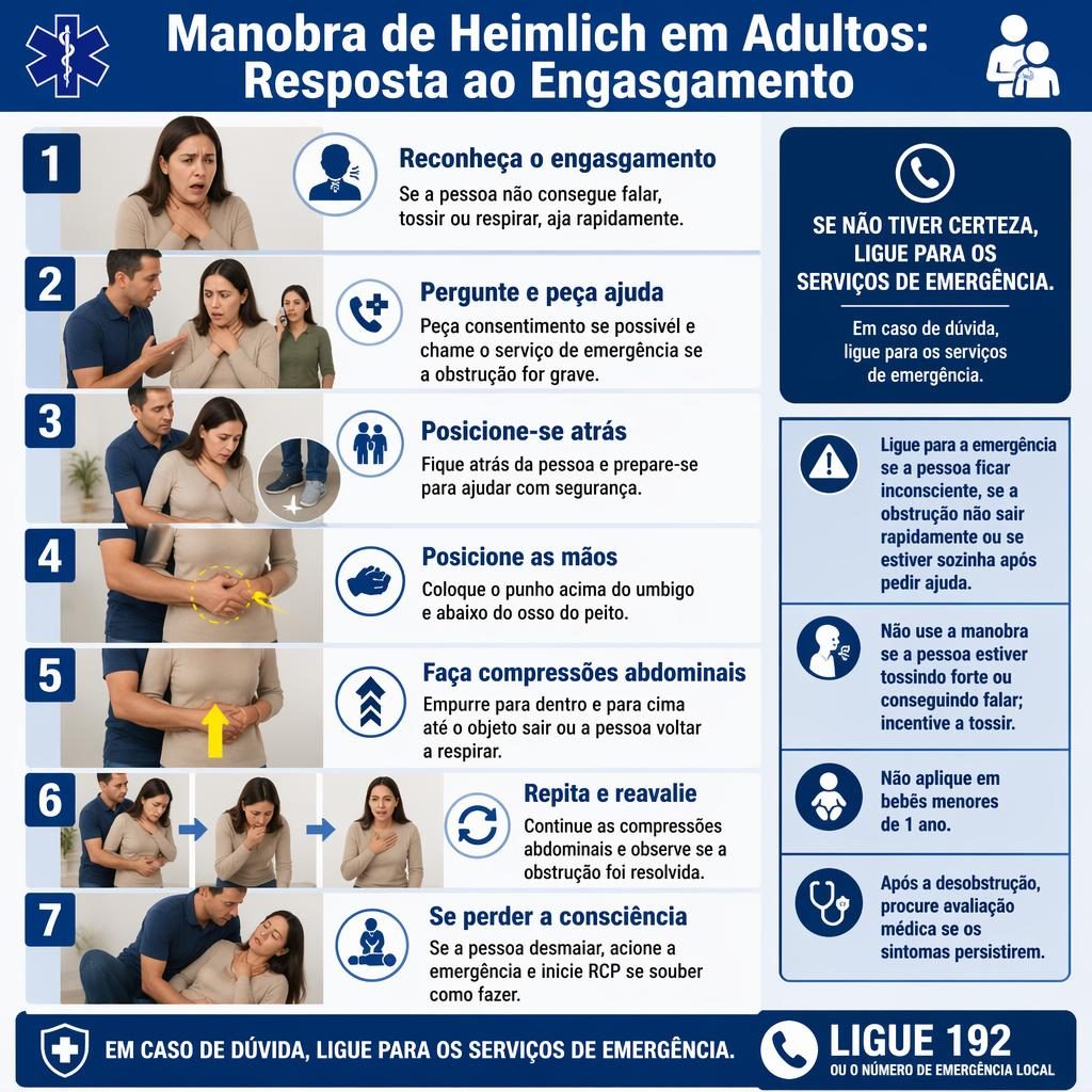 Infográfico médico em português com 7 passos da manobra de heimlich em adulto consciente e alertas de segurança.
