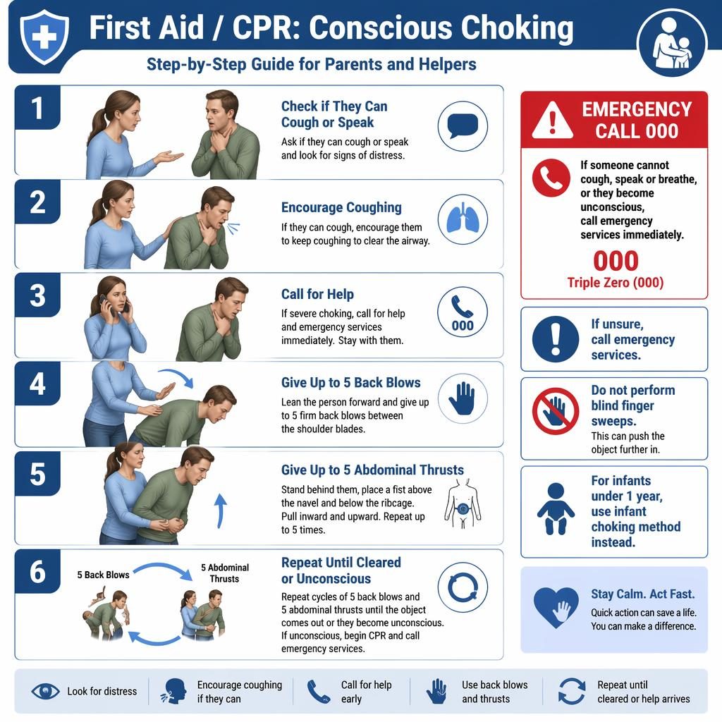 Vertical blue-and-white first aid infographic showing 6 steps for conscious choking, with warning callouts and CPR guidance.