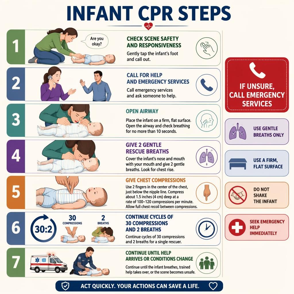 Infographie verticale de 7 étapes de RCR infantile, style plat clinique, avec nourrisson, sauveteur, icônes et consignes.
