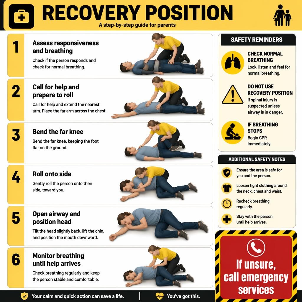 Infografía vertical de 6 pasos sobre posición de recuperación con ilustraciones clínicas, paleta amarilla y negra y avisos de seguridad.