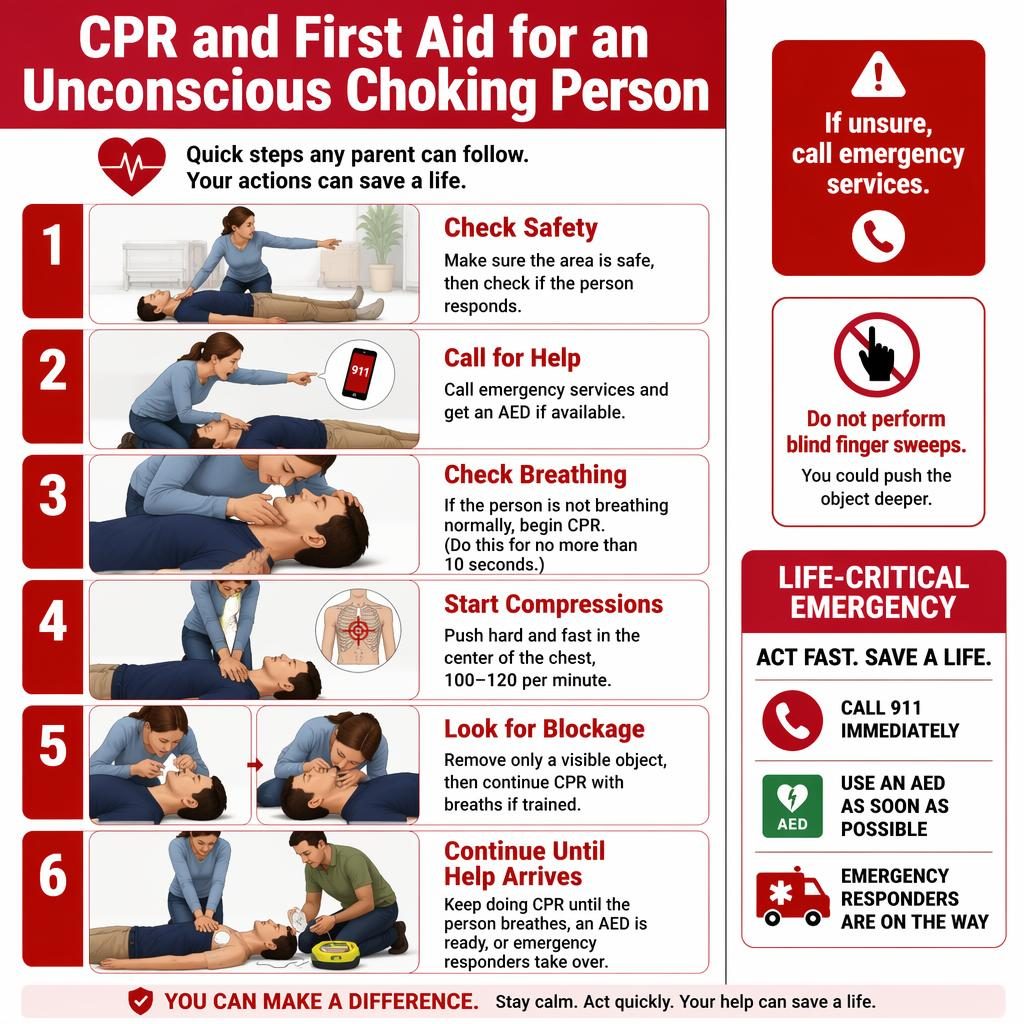 Vertical CPR and first aid infographic with 6 step cards for an unconscious choking person, red clinical warnings and AED icons