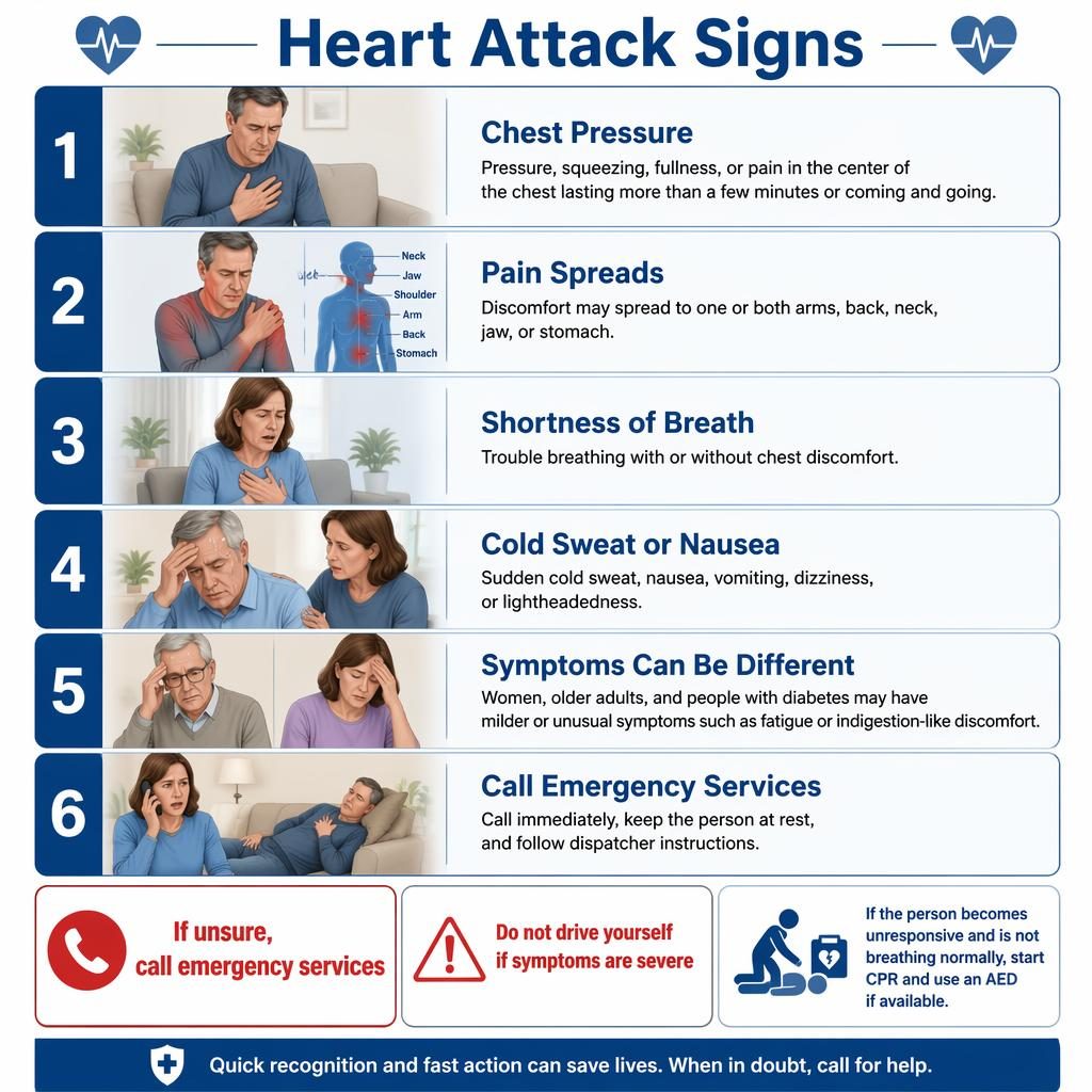Blue and white medical infographic with 6 vertical heart attack sign steps, warning callouts, and CPR note.