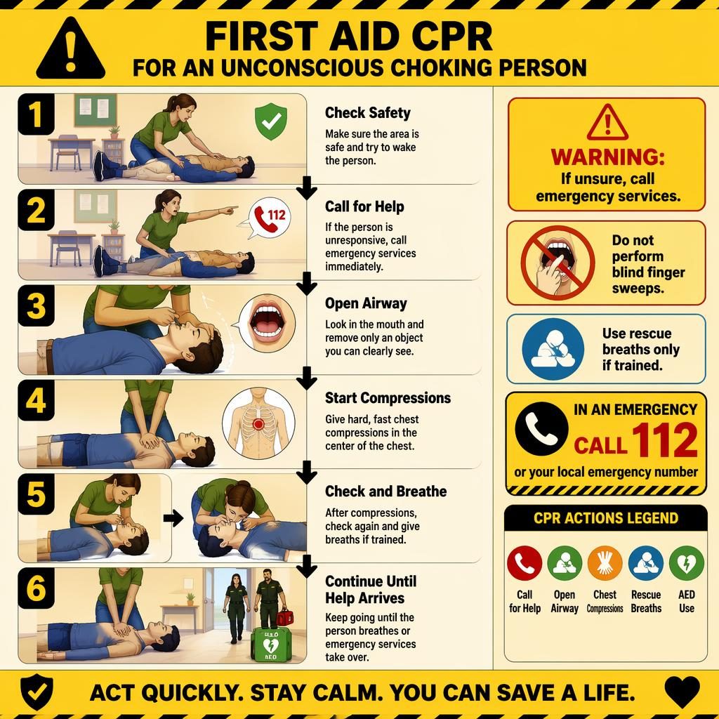 Yellow 6-step CPR infographic for an unconscious choking person with warning callouts, icons, and classroom poster layout.