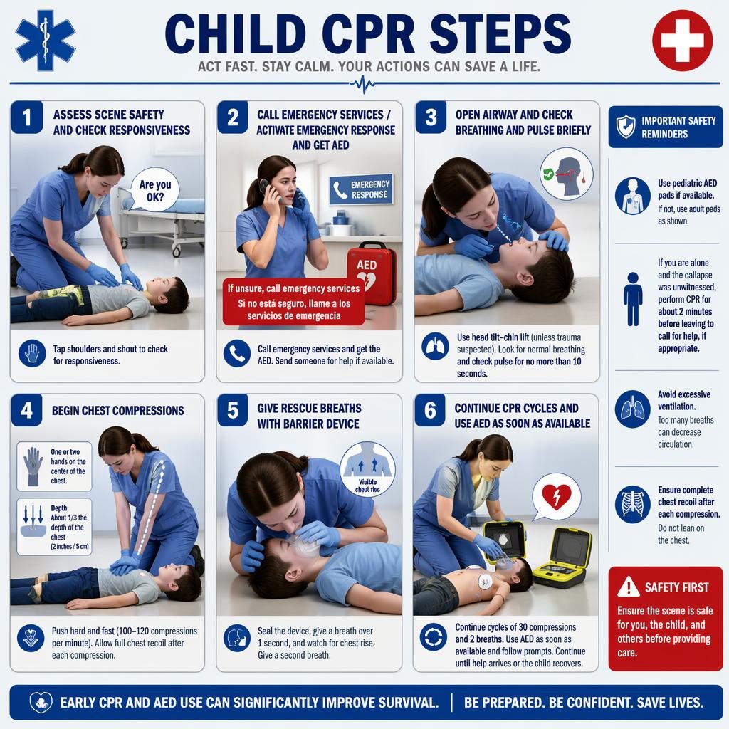 Infografía vertical de 6 pasos de RCP infantil con ilustraciones clínicas, tarjetas numeradas, iconos médicos y alerta en español.