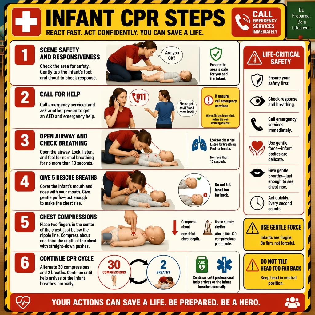 Vertikales Infografik-Poster mit 6 Schritten zur Säuglings-CPR in Gelb, Rot und Weiß, mit Warnhinweisen und AED-Symbol.