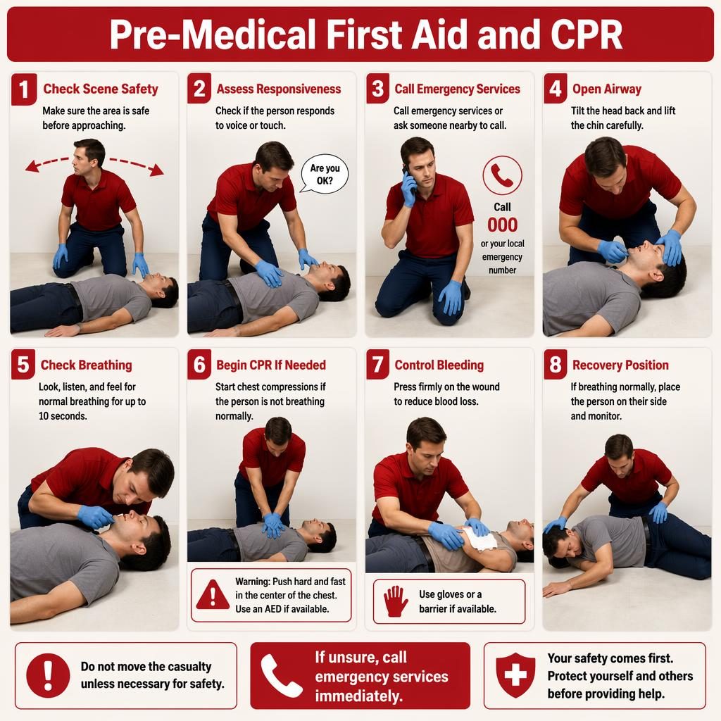 Infografika medyczna 8 kroków: pierwsza pomoc przedmedyczna i CPR dla dorosłych, czerwono-biała, czytelne ikony.