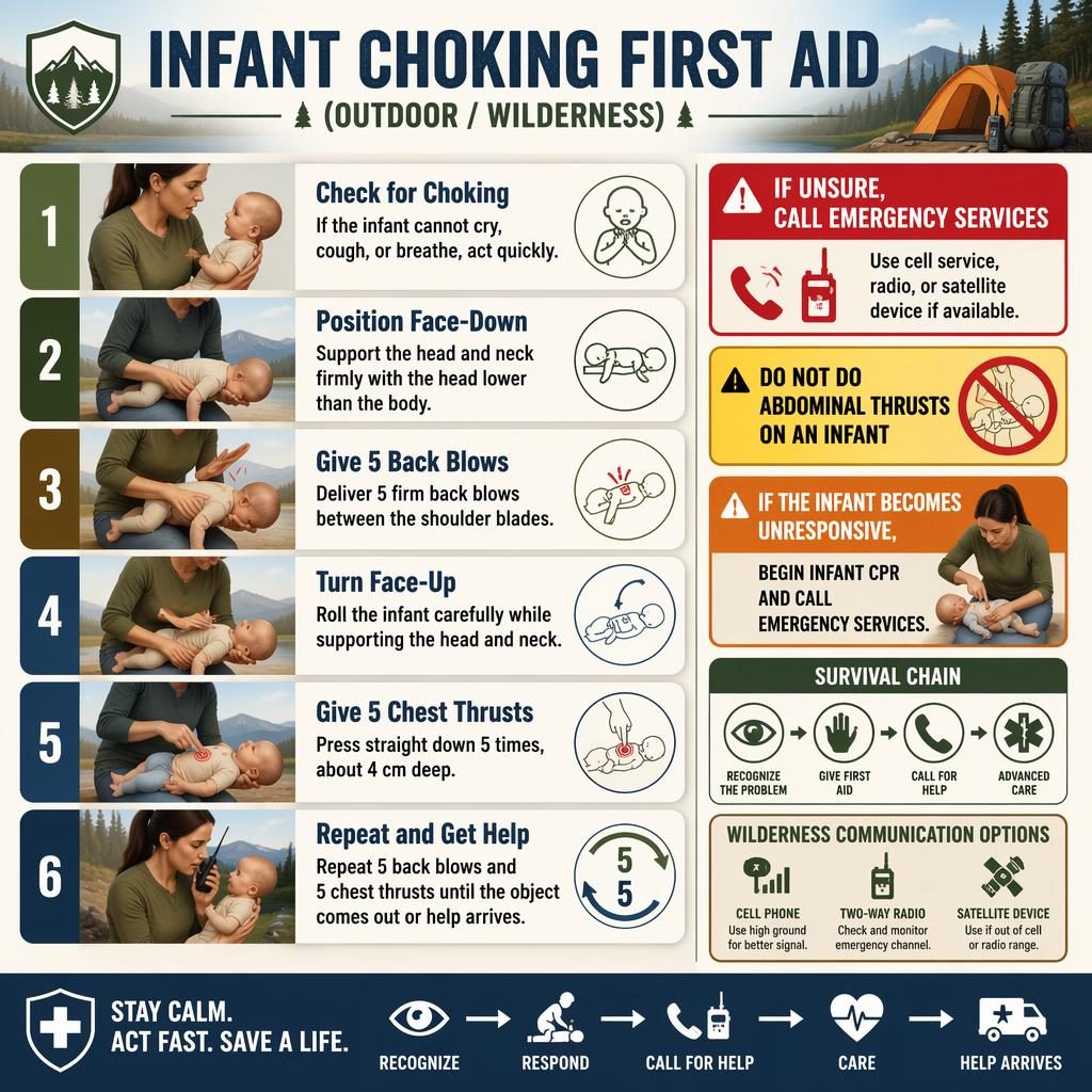 Infografía vertical de 6 pasos sobre primeros auxilios por atragantamiento infantil al aire libre, con rescatista, bebé y avisos de emergencia.