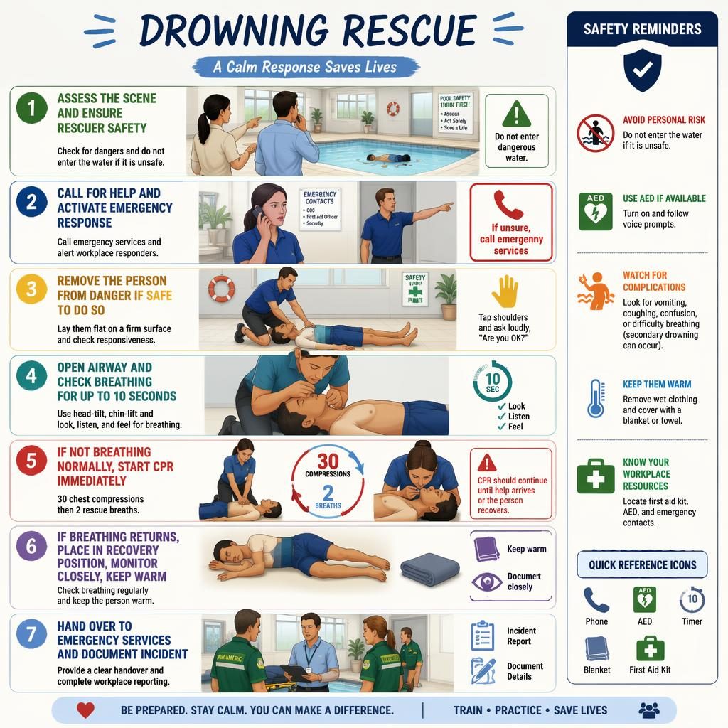 Vertical 7-step drowning rescue infographic for office staff with CPR, recovery position, AED and safety callouts.